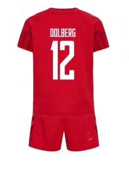 Dänemark Kasper Dolberg #12 Heimtrikotsatz für Kinder WM 2022 Kurzarm (+ Kurze Hosen)